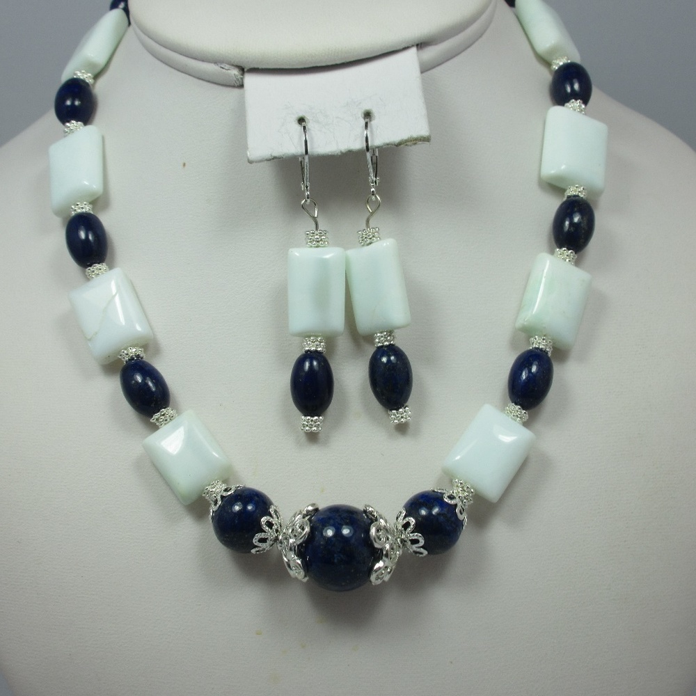 Stone Amazonite and Lapis beaded necklace set
